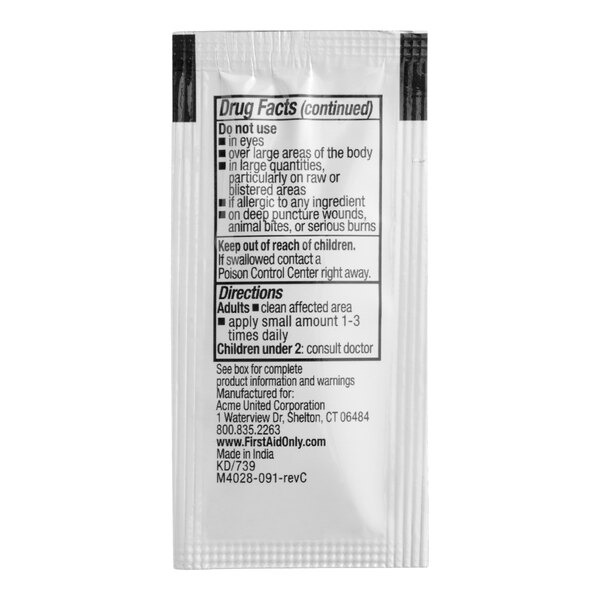 A single-use packet of First Aid Only burn cream containing 0.9 grams of product.