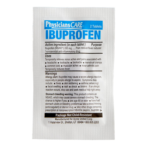 A packet of PhysiciansCare Ibuprofen tablets containing 2 tablets for pain relief.