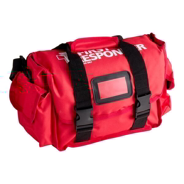 A large red nylon EMT bag labeled 'First Responder' designed to hold a 158-piece first aid kit for up to 24 people.