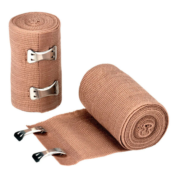 A pair of rolled elastic bandage wraps with metal clips, used for medical or first aid purposes.