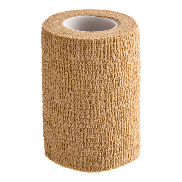 A roll of tan 3-inch by 5-yard self-adhering cohesive wrap.