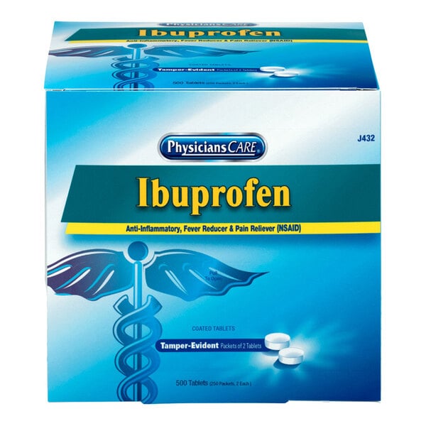 A box of PhysiciansCare Ibuprofen tablets containing 500 tablets, labeled as anti-inflammatory, fever reducer, and pain reliever.