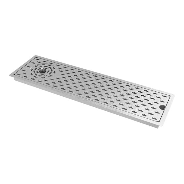 A rectangular stainless steel drop-in glass rinser with a perforated surface and a circular rinsing area on one end.