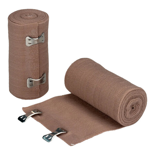 A pair of rolled elastic bandage wraps with metal clips, used for medical or first aid purposes.