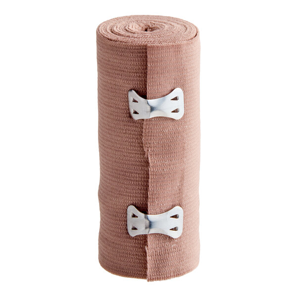 A rolled 4-inch by 5-yard elastic bandage wrap with two metal clips attached.