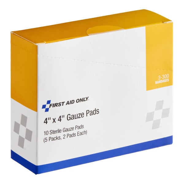 A box of First Aid Only 4" x 4" sterile gauze pads.