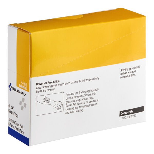 A box of First Aid Only 4" x 4" sterile gauze pads.