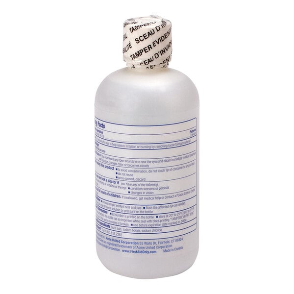 A plastic bottle of PhysiciansCare eyewash with a tamper-evident seal.