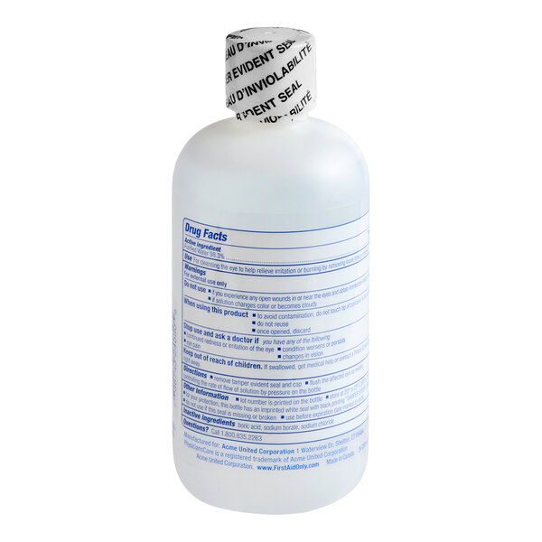 A clear plastic 8 oz. eyewash bottle with a tamper-evident seal and labeled drug facts.