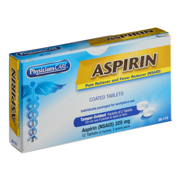 A box of PhysiciansCare 325 mg aspirin tablets, labeled as a pain reliever and fever reducer.