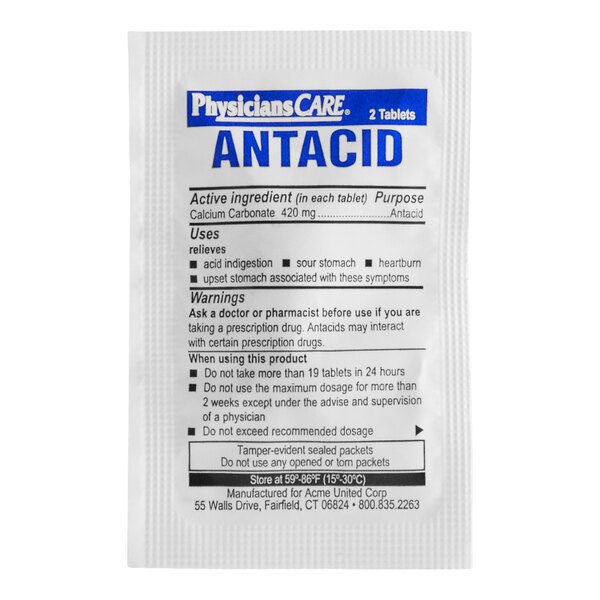 A packet of PhysiciansCare antacid tablets containing 2 tablets per pack.