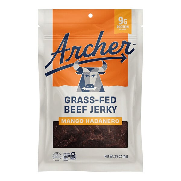 A 2.5 oz bag of Archer grass-fed beef jerky in mango habanero flavor.