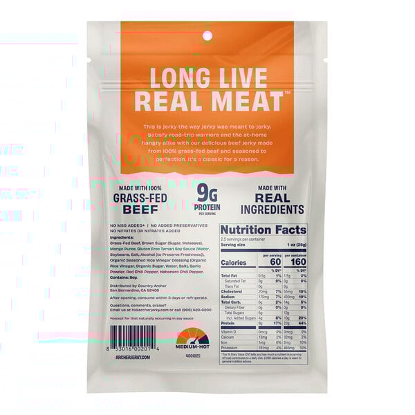 A 2.5 oz. bag of Archer Mango Habanero Beef Jerky made with grass-fed beef and real ingredients.