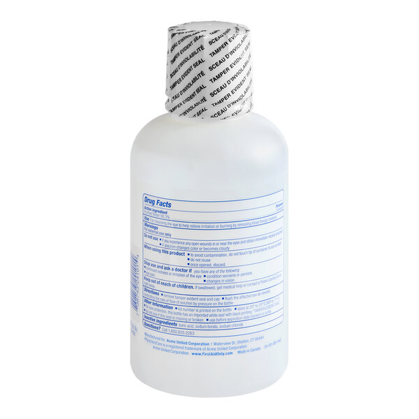 A 16 oz. bottle of PhysiciansCare eyewash with a tamper-evident seal.