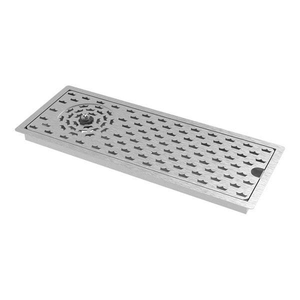 A rectangular stainless steel drop-in glass rinser with a perforated surface and a circular rinsing area.