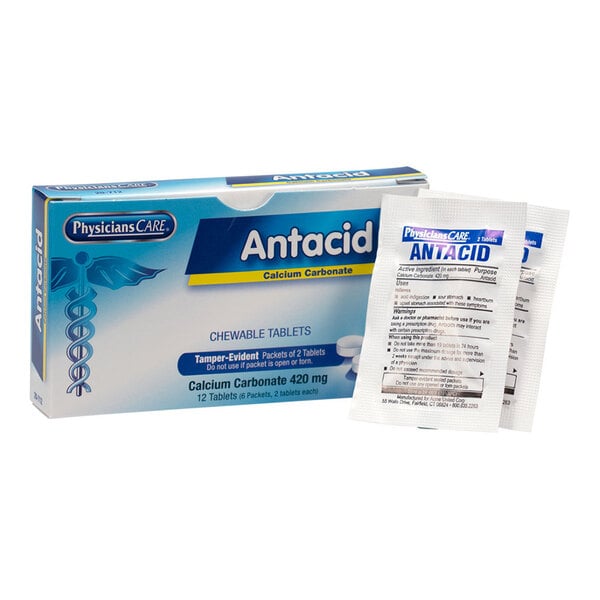 A box of PhysiciansCare Antacid Tablets with individual packets displayed in front.