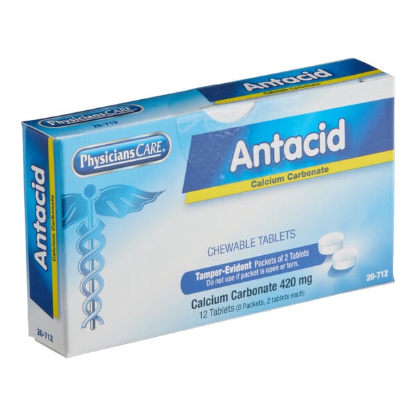 A box of PhysiciansCare Antacid Calcium Carbonate chewable tablets.