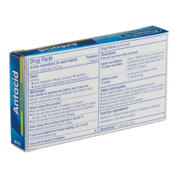 A box of PhysiciansCare Antacid Tablets containing 720 tablets per case.