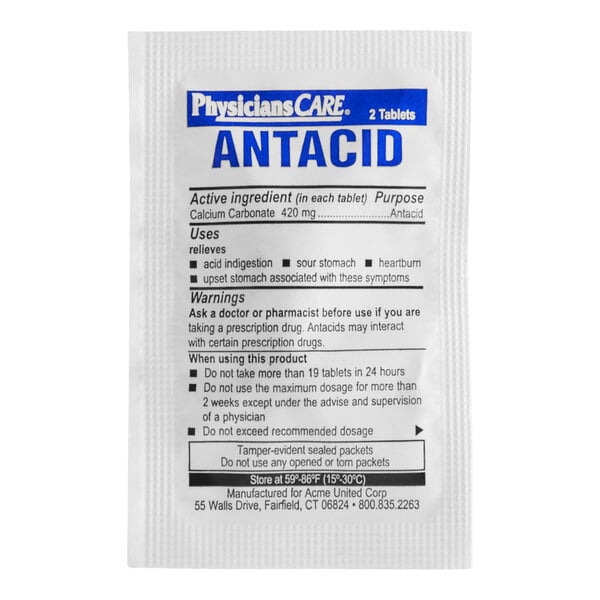A packet of PhysiciansCare Antacid Tablets containing 2 tablets per packet.