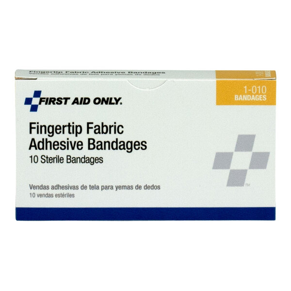 A box of First Aid Only fingertip fabric adhesive bandages containing 10 sterile bandages.