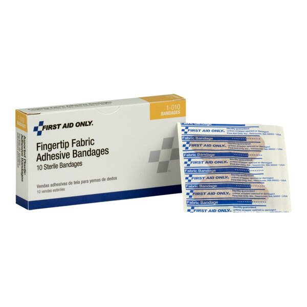 A box of First Aid Only fabric sterile adhesive fingertip bandages with 10 individually wrapped bandages displayed.