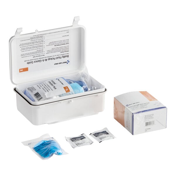A 32-piece bloodborne pathogen personal protection and spill kit with a plastic case, containing gloves, pads, and cleaning supplies.