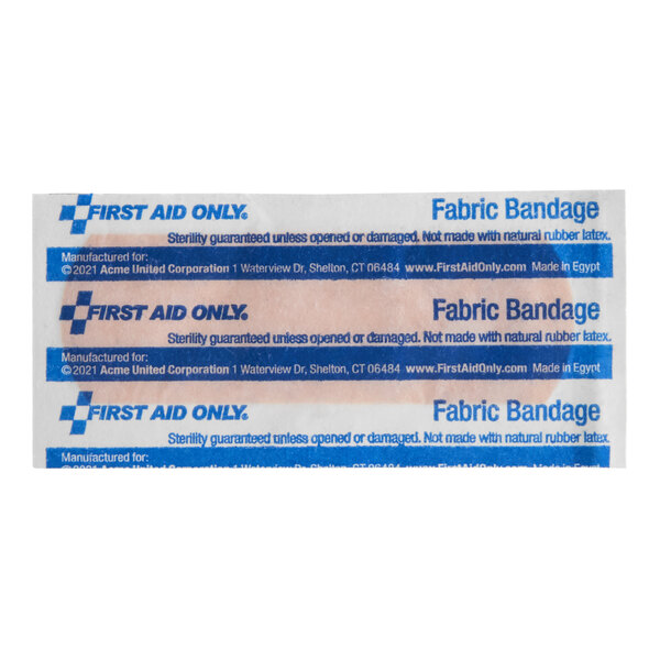 A package of First Aid Only 1 inch by 3 inch fabric sterile adhesive bandages.