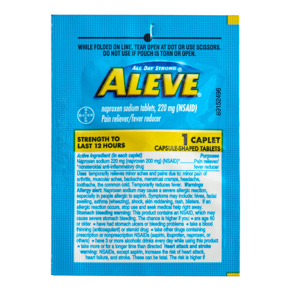 A single-dose packet of Aleve naproxen sodium pain reliever and fever reducer tablets.