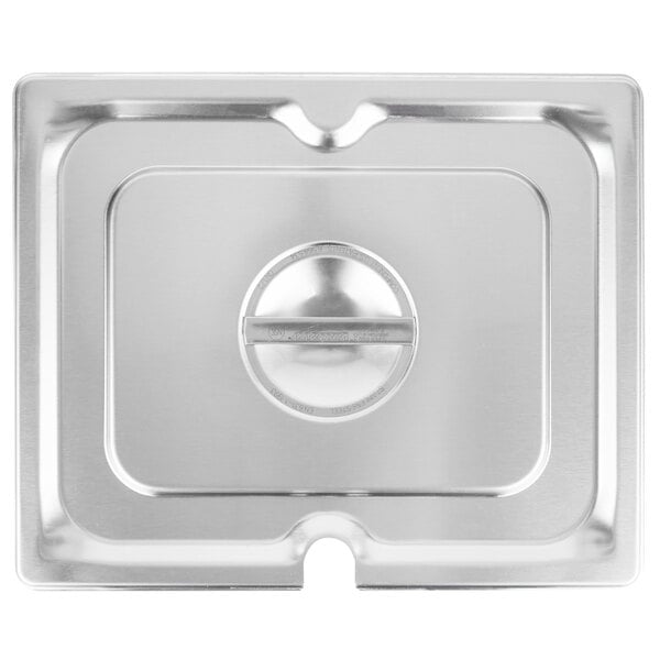 A Vollrath stainless steel slotted cover on a metal tray.