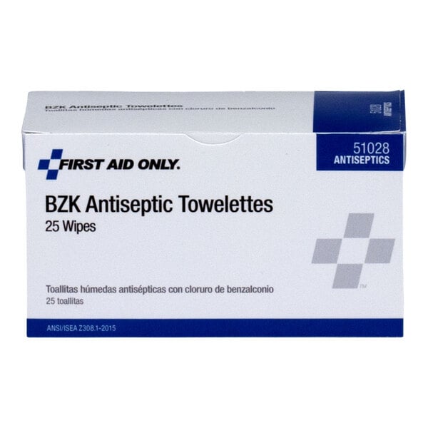 A box of First Aid Only BZK Antiseptic Towelettes containing 25 wipes.