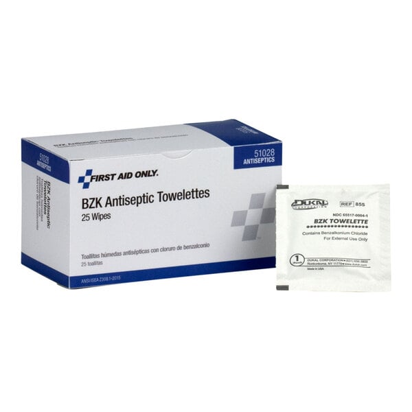 A box of First Aid Only BZK Antiseptic Towelettes containing 25 individually wrapped wipes.