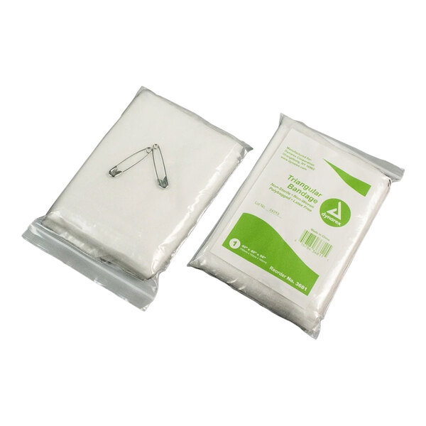 A packaged non-woven cotton triangular bandage with safety pins included.