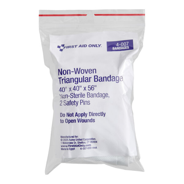 A package of First Aid Only non-woven triangular bandage measuring 40 x 40 x 56 inches.
