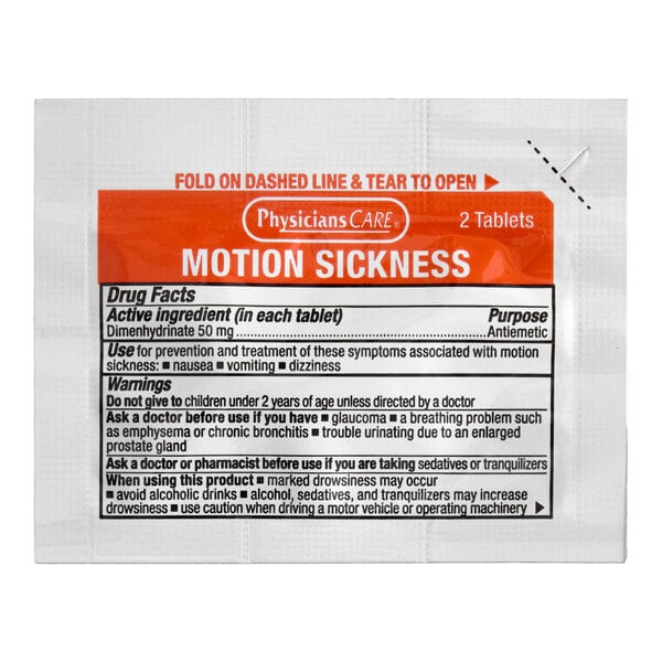 A packet of PhysiciansCare motion sickness pills containing 2 tablets.