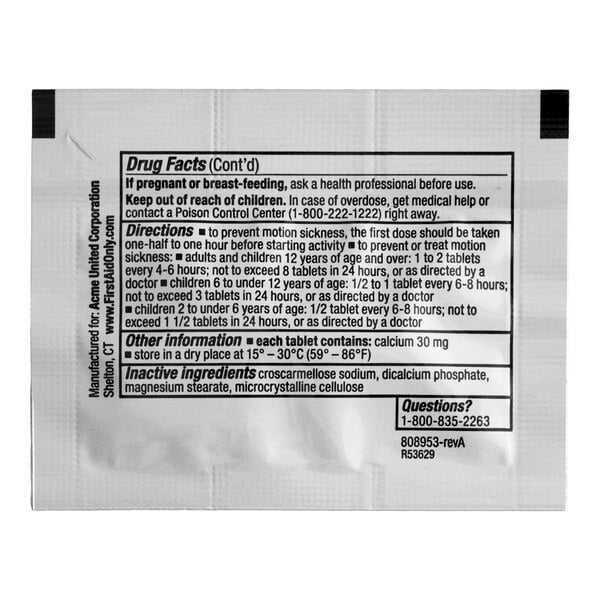 A packet of PhysiciansCare motion sickness pills with dosage and ingredient information on the back.