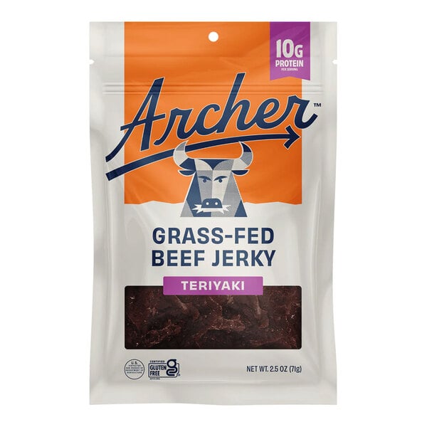 A 2.5 oz bag of Archer grass-fed teriyaki beef jerky.