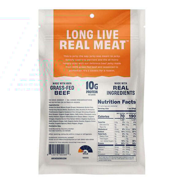 A 2.5 oz. package of Archer Teriyaki Beef Jerky made with grass-fed beef and real ingredients.