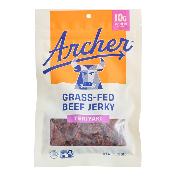 A 2.5 oz. bag of Archer grass-fed teriyaki beef jerky.