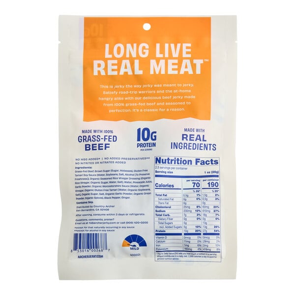 A 2.5 oz. package of Archer Teriyaki Beef Jerky featuring nutrition facts and product information on the back.