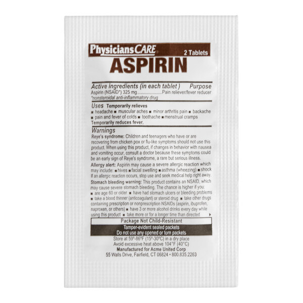 A packet of PhysiciansCare 325 mg aspirin tablets containing 2 tablets.