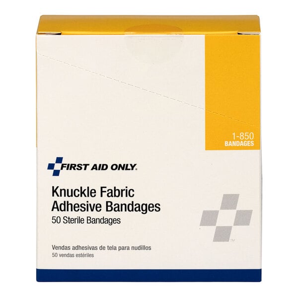 A box of First Aid Only knuckle fabric adhesive bandages containing 50 sterile bandages.