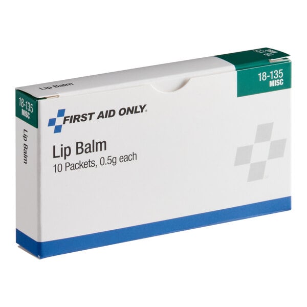 A box of First Aid Only lip balm packets, containing 10 packets of 0.5 grams each.