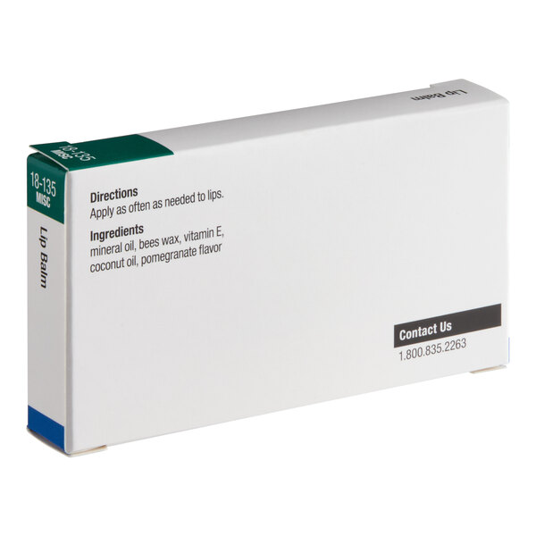 A white rectangular box labeled as lip balm, containing 1,000 individual 0.5 gram packets.