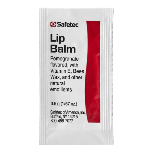 A single-use packet of Safetec pomegranate-flavored lip balm containing 0.5 grams.