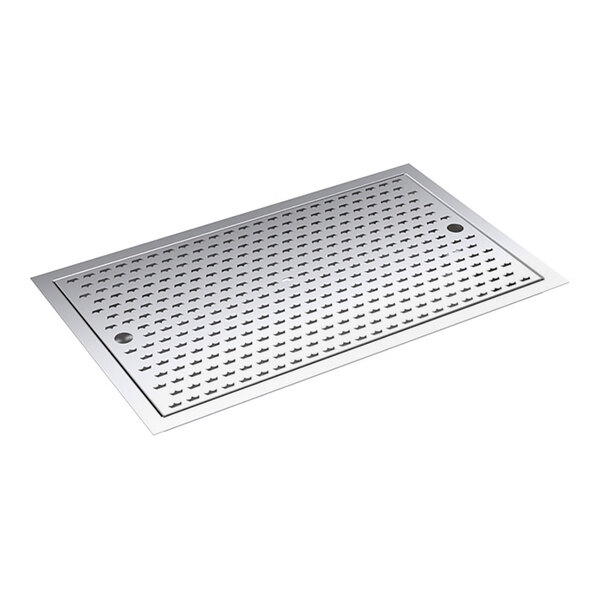 A rectangular stainless steel drop-in bar top drainer with a perforated surface.