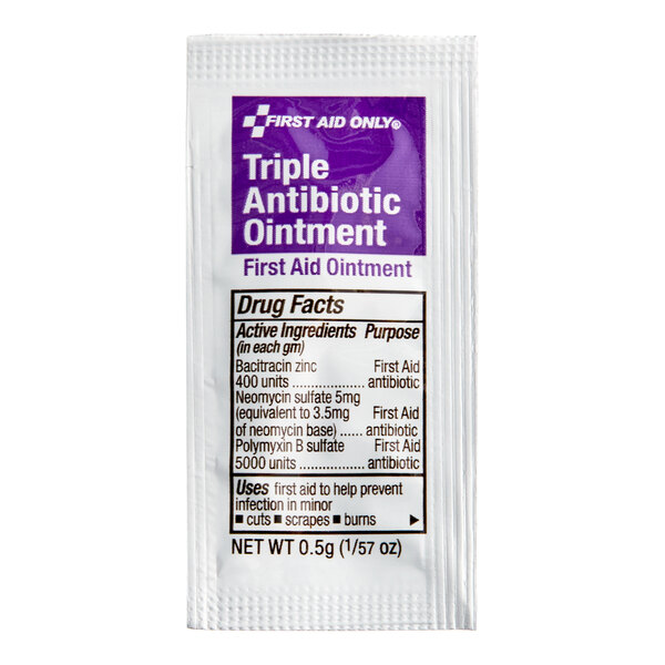 A single-use packet of First Aid Only triple antibiotic ointment containing 0.5 grams.