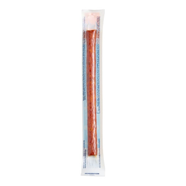 A single Archer Original Beef Meat Stick in a clear plastic wrapper.