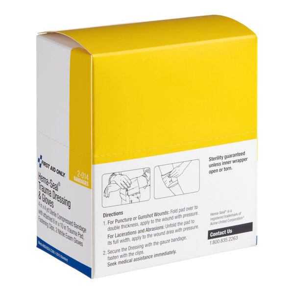 A box of First Aid Only 4" x 4 yard Hema-Seal trauma dressings with 2 nitrile gloves, packaged 18 per case.
