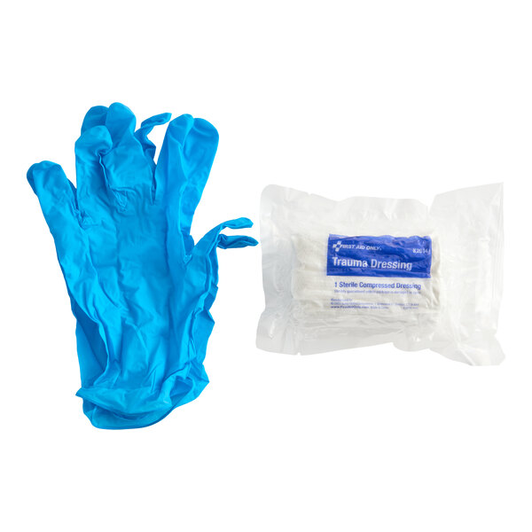 A package containing a 4" x 4 yard trauma dressing and two blue nitrile gloves.