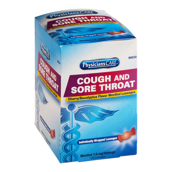 A box of PhysiciansCare cherry and eucalyptus menthol cough and sore throat lozenges.